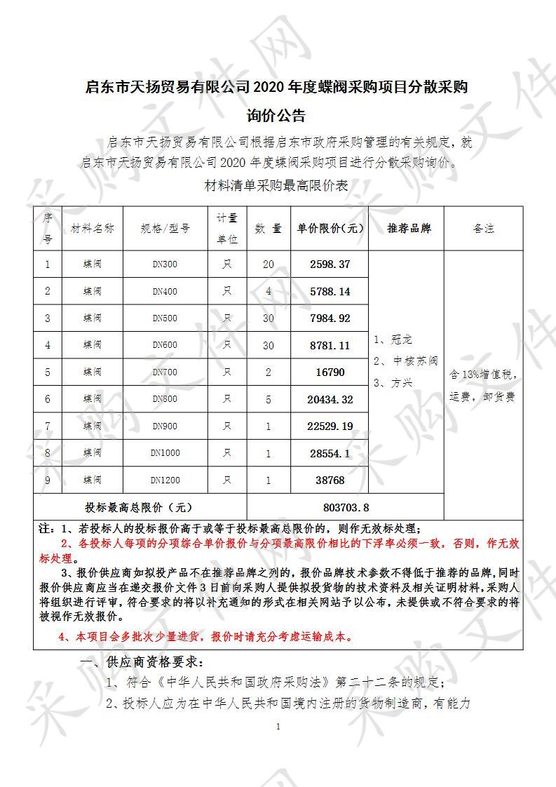 启东市天扬贸易有限公司2020年度钢制配件采购项目