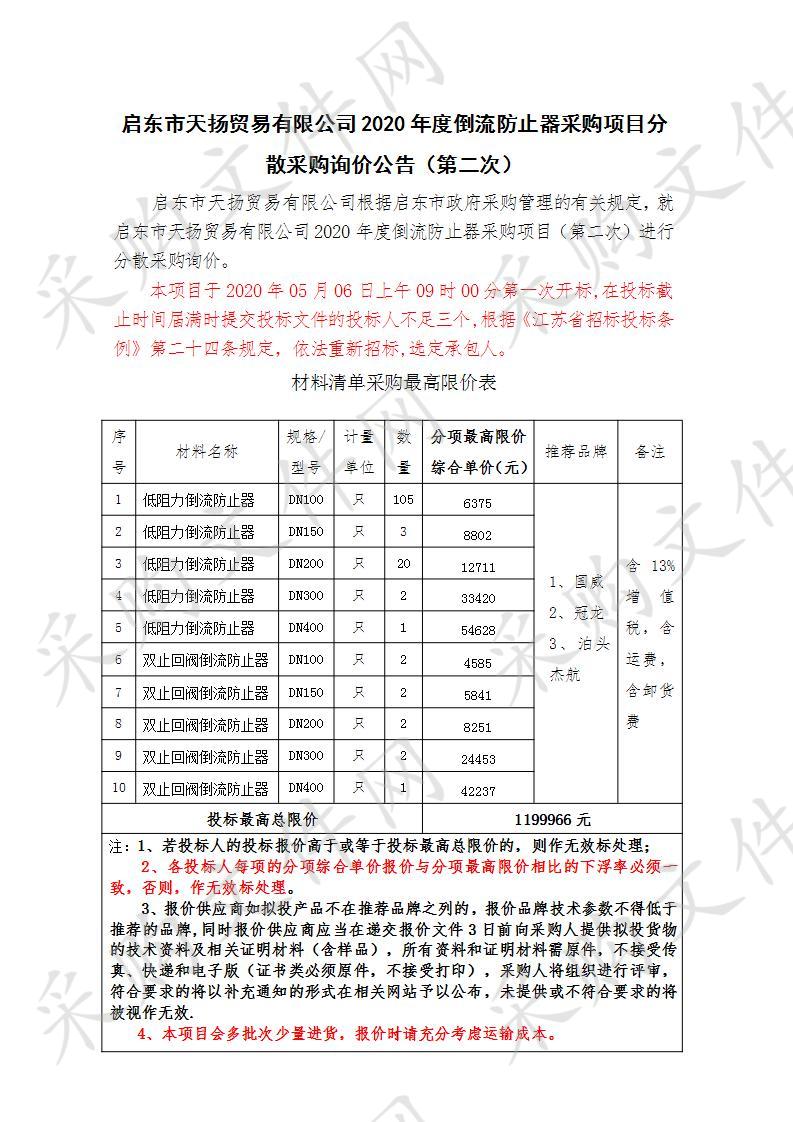 启东市天扬贸易有限公司2020年度倒流防止器采购项目（第二次）