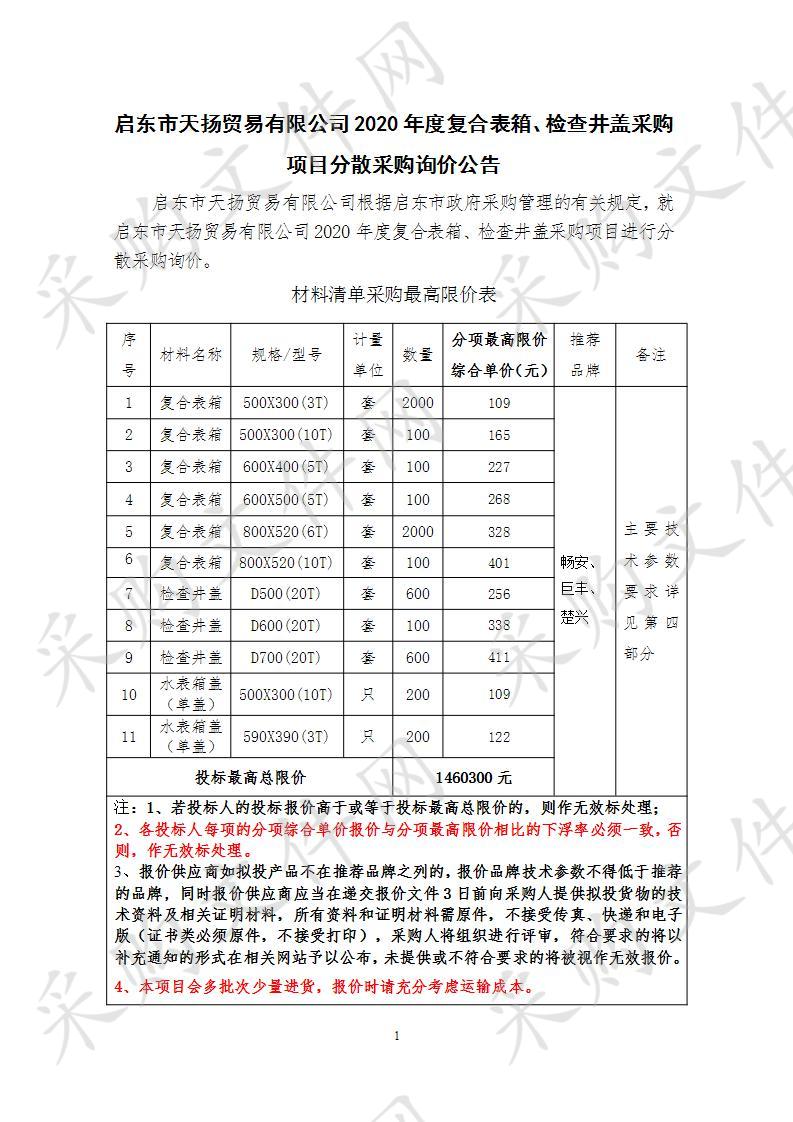 启东市天扬贸易有限公司2020年度复合表箱、检查井盖采购项目