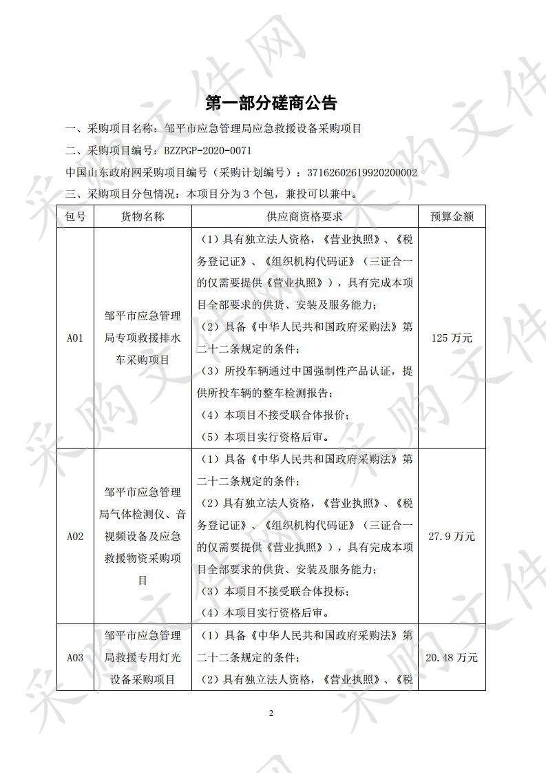 邹平市应急管理局应急救援设备采购项目二包