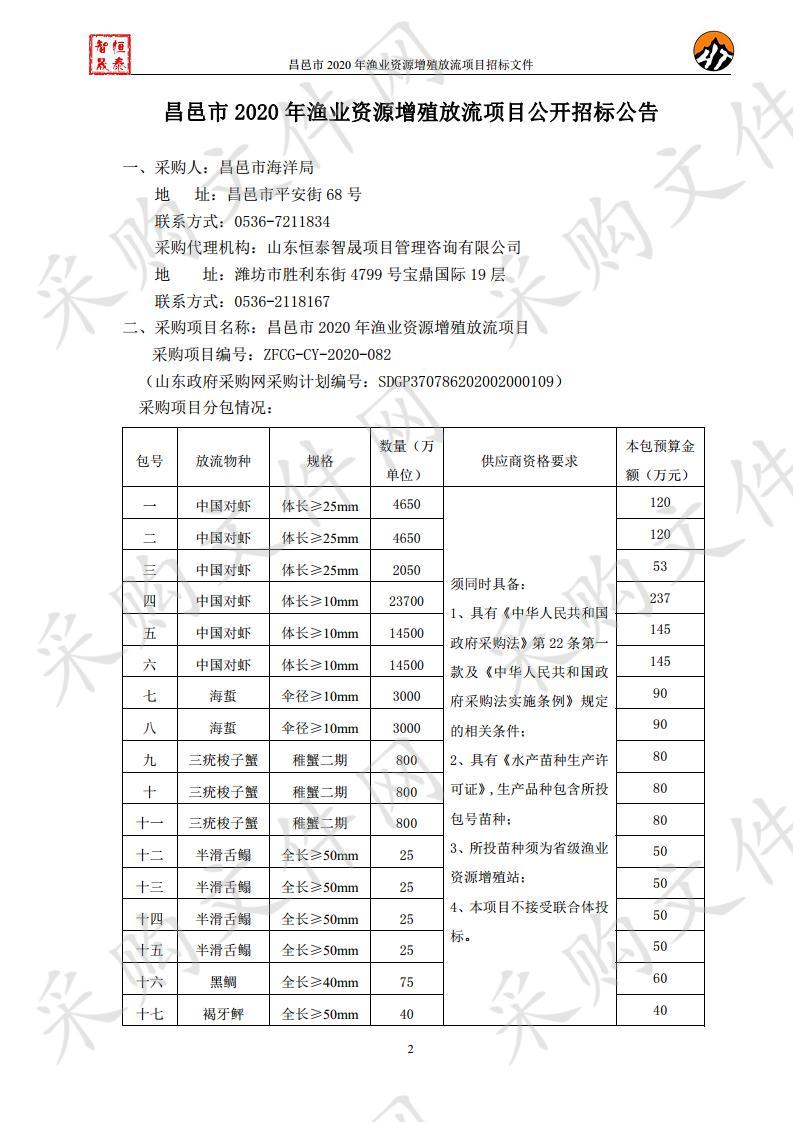 昌邑市2020年渔业资源增殖放流项目