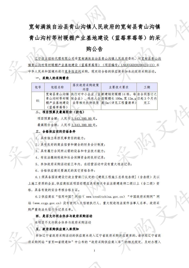 宽甸满族自治县青山沟镇人民政府的宽甸县青山沟镇青山沟村等村暖棚产业基地建设（蓝莓草莓等）