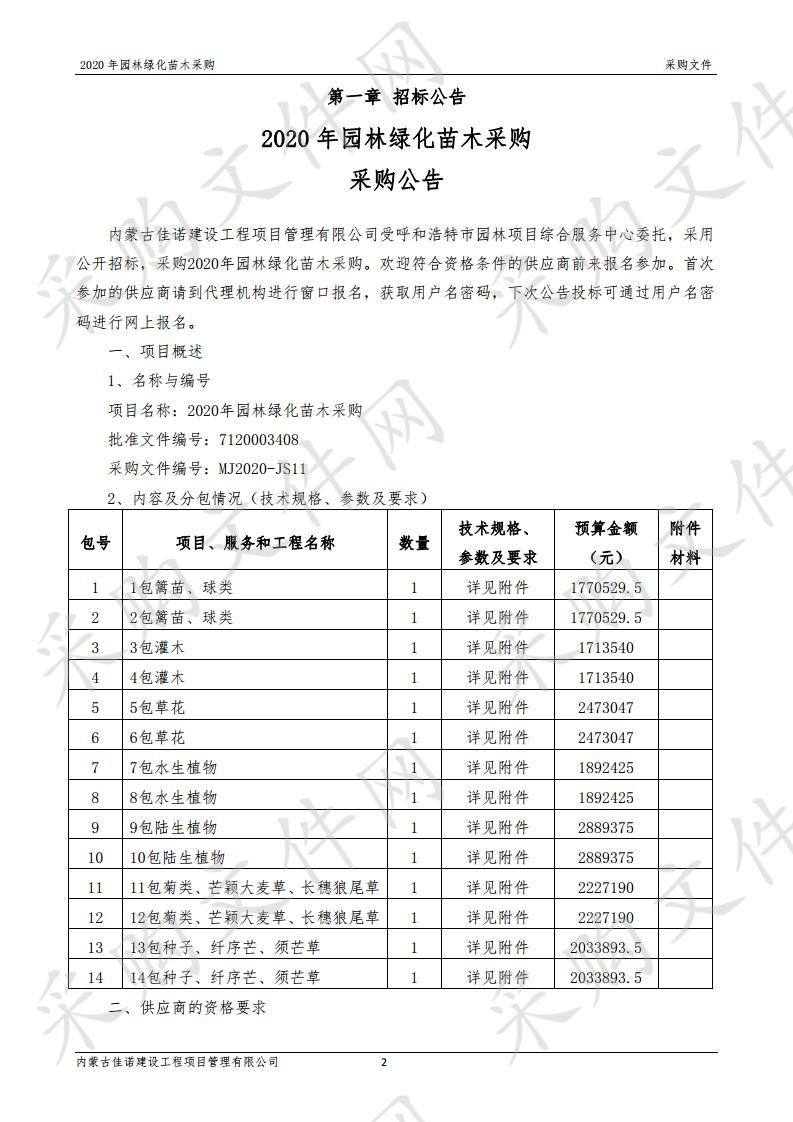 呼和浩特市园林项目综合服务中心关于2020年园林绿化苗木采购