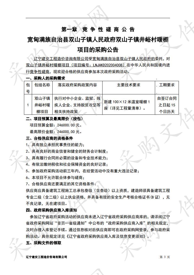 宽甸满族自治县双山子镇人民政府双山子镇井峪村暖棚项目