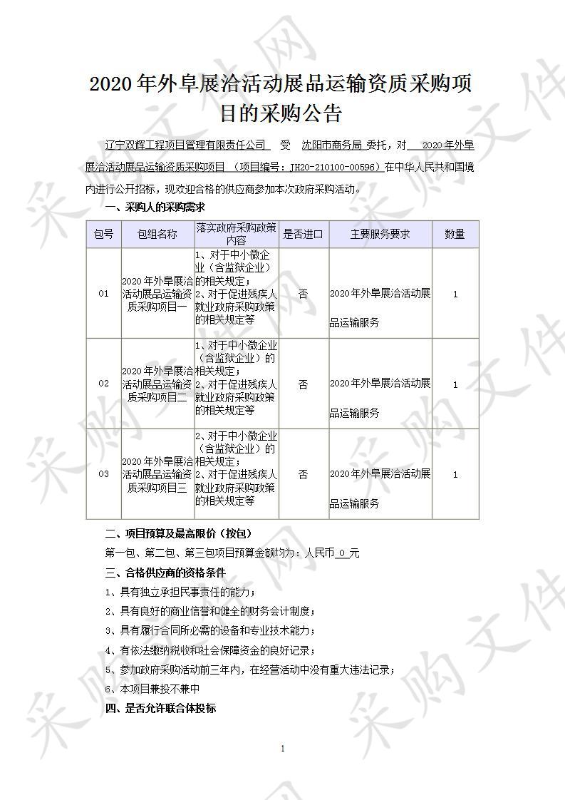 2020年外阜展洽活动展品运输资质采购项目