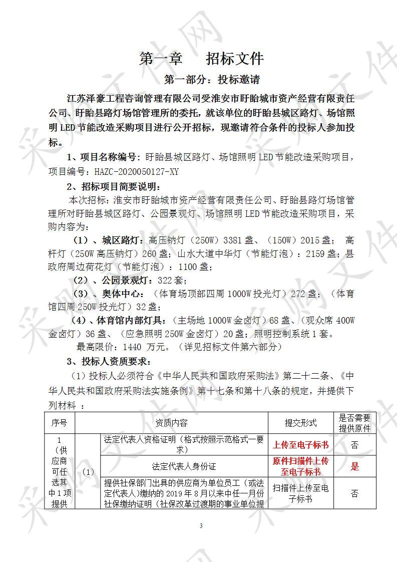 盱眙县城区路灯、公园景观灯、场馆照明LED节能改造采购项目