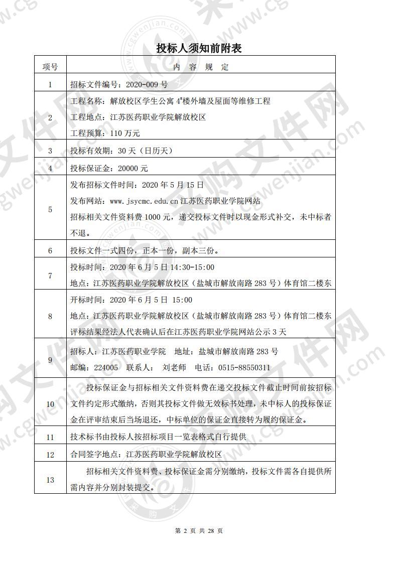 江苏医药职业学院解放校区学生公寓4#楼外墙及屋面等维修工程