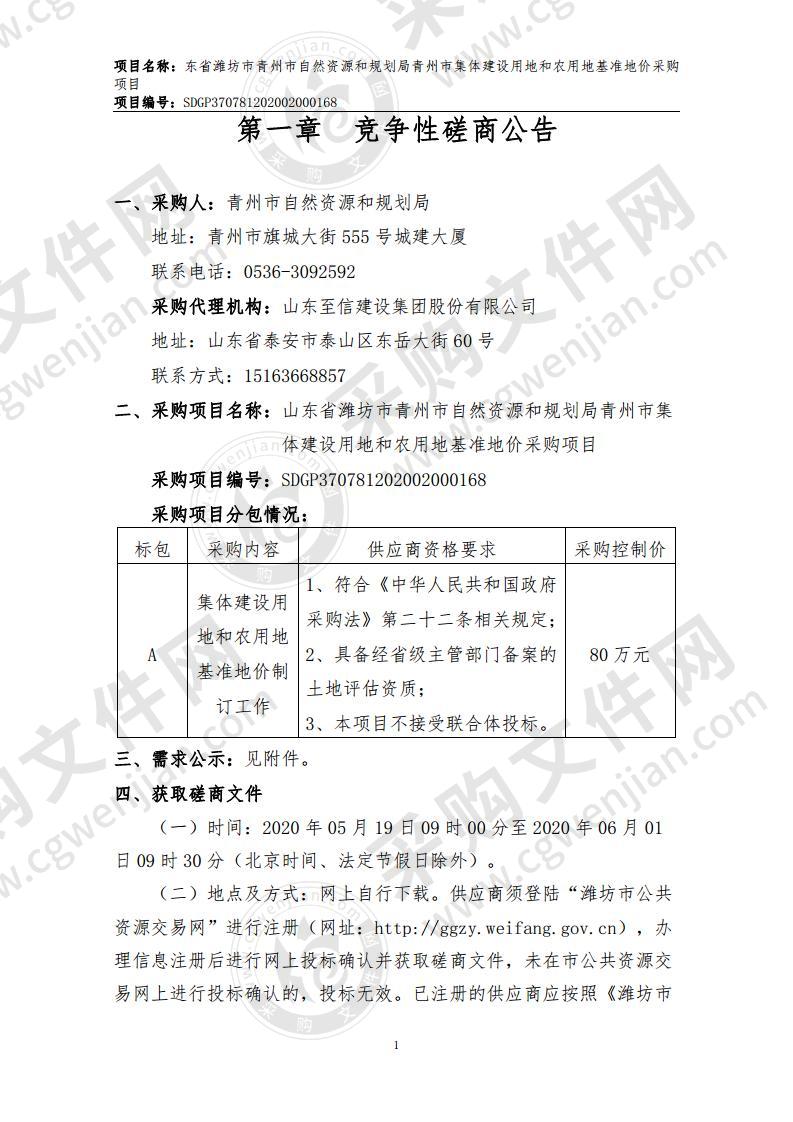 山东省潍坊市青州市自然资源和规划局青州市集体建设用地和农用地基准地价采购项目