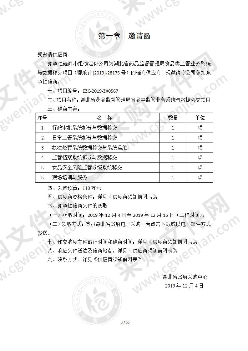 湖北省药品监督管理局食品类监管业务系统与数据移交项目