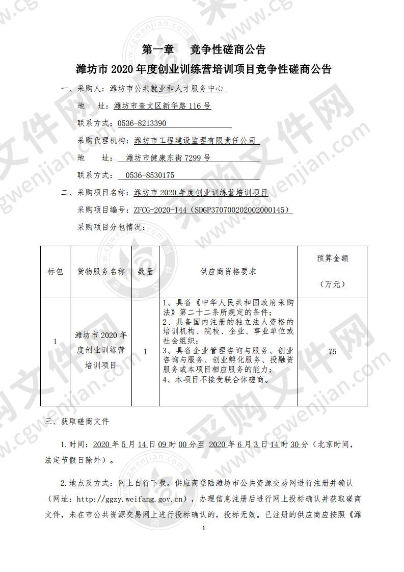 潍坊市2020年度创业训练营培训项目