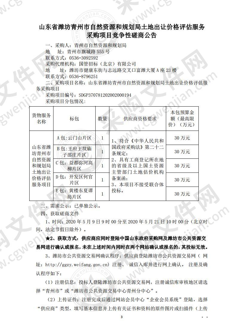 山东省潍坊青州市自然资源和规划局土地出让价格评估服务采购项目