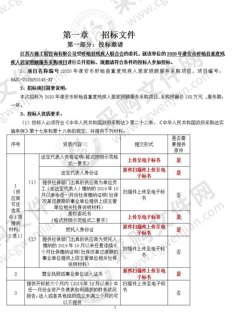 2020年淮安市盱眙县重度残疾人居家照顾服务采购项目