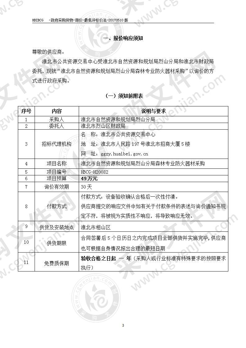 淮北市自然资源和规划局烈山分局森林专业防火器材采购项目