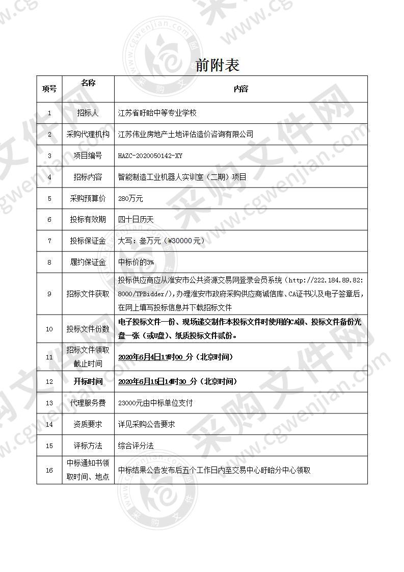 江苏省盱眙中等专业学校智能制造工业机器人实训室（二期）采购项目