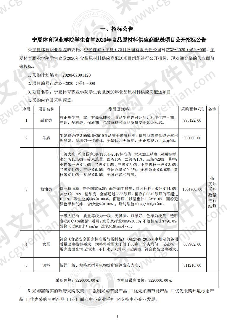 宁夏体育职业学院学生食堂2020年食品原材料供应商配送项目