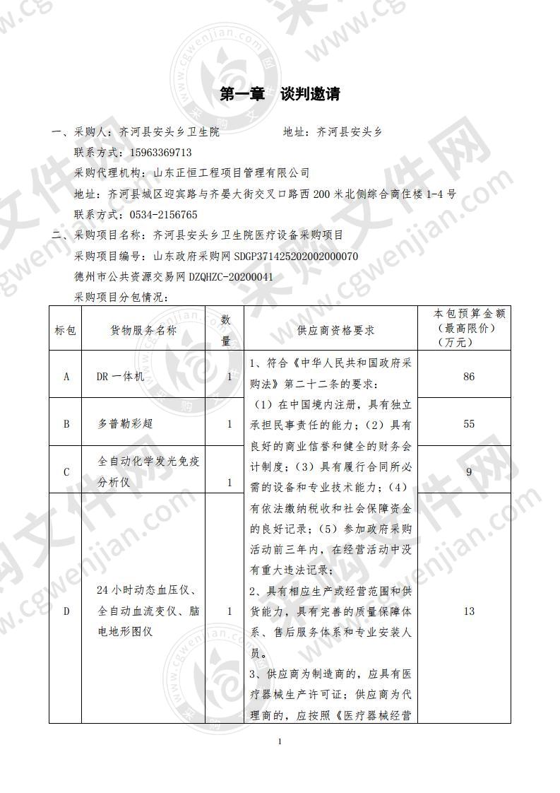 齐河县安头乡卫生院医疗设备采购项目