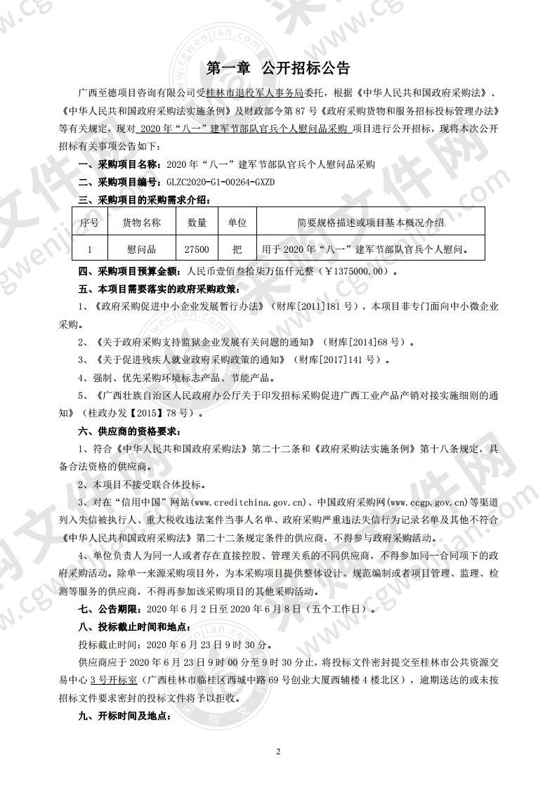 2020年“八一”建军节部队官兵个人慰问品采购