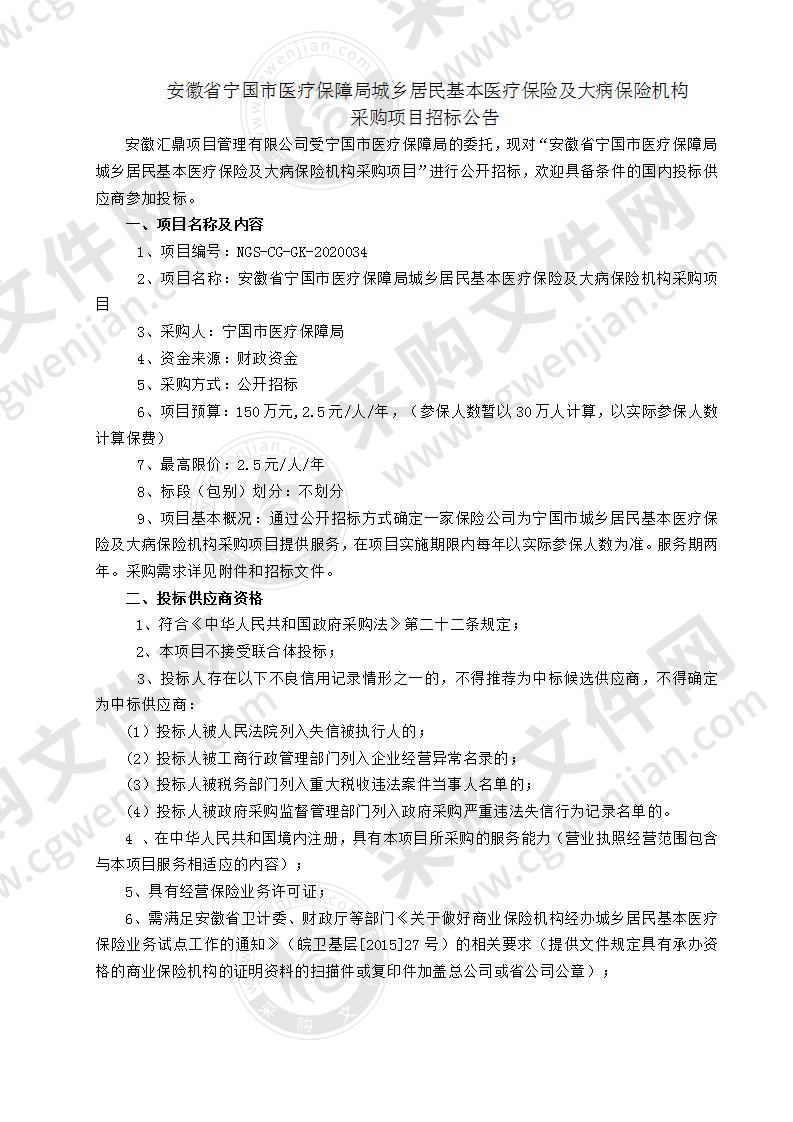 安徽省宁国市医疗保障局城乡居民基本医疗保险及大病保险机构采购项目