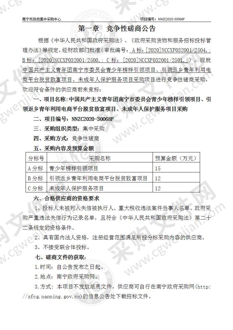 中国共产主义青年团南宁市委员会青少年榜样引领项目、引领返乡青年利用电商平台脱贫致富项目、未成年人保护服务项目采购（A分标）