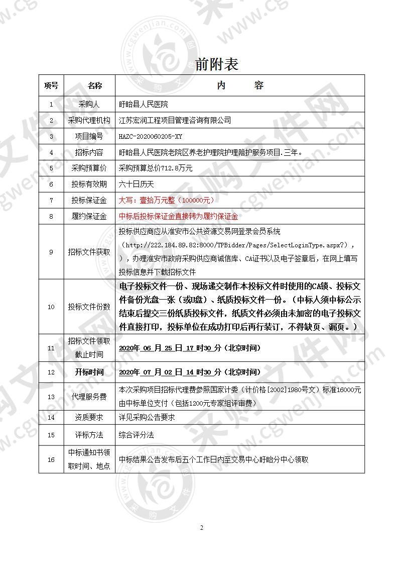 盱眙县人民医院老院区养老护理院护理陪护服务项目