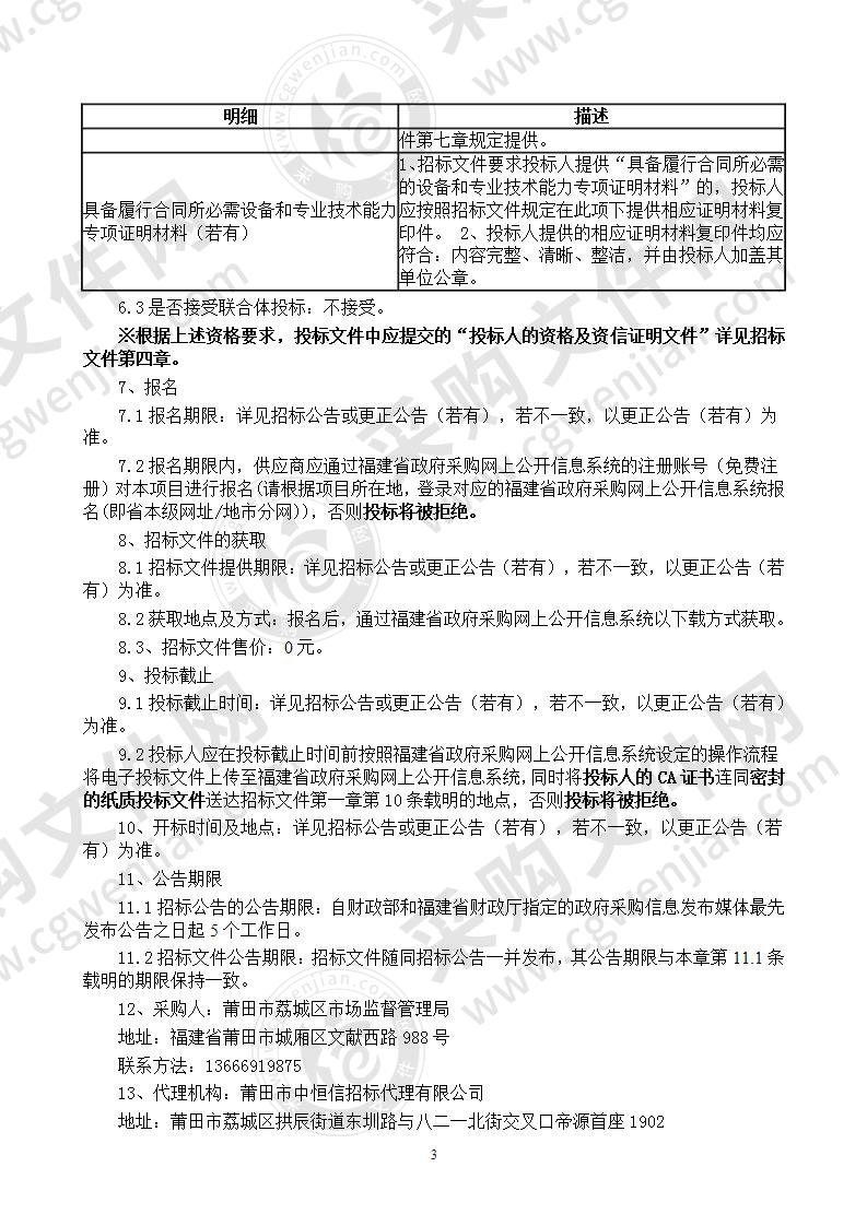 莆田市荔城区市场监督管理局荔城区2020年食品监督抽检及快检服务服务类采购项目