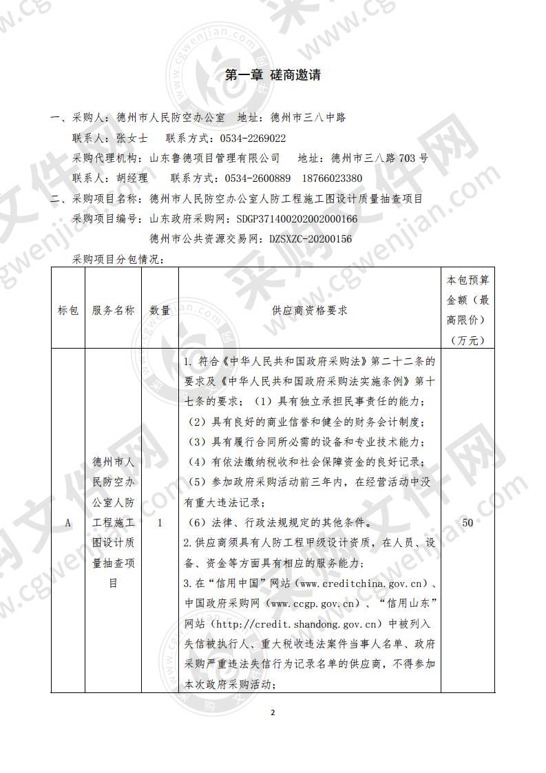 德州市人民防空办公室人防工程施工图设计质量抽查项目