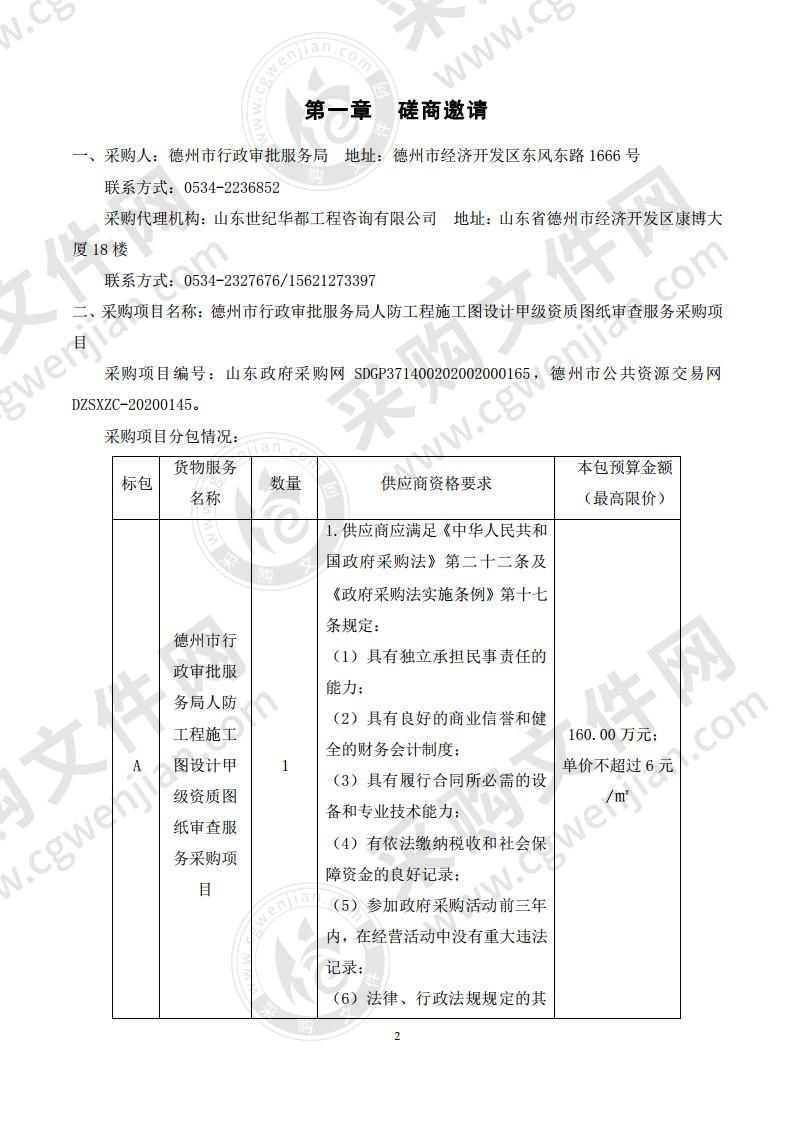 德州市行政审批服务局人防工程施工图设计甲级资质图纸审查服务采购项目