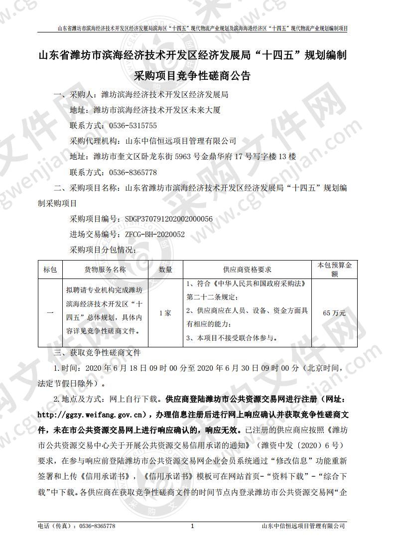 山东省潍坊市滨海经济技术开发区经济发展局“十四五”规划编制采购项目