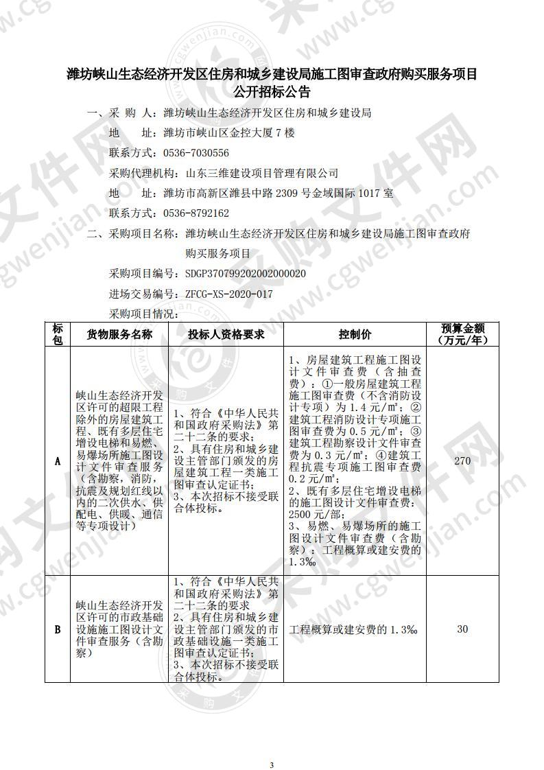 潍坊峡山生态经济开发区住房和城乡建设局施工图审查政府购买服务