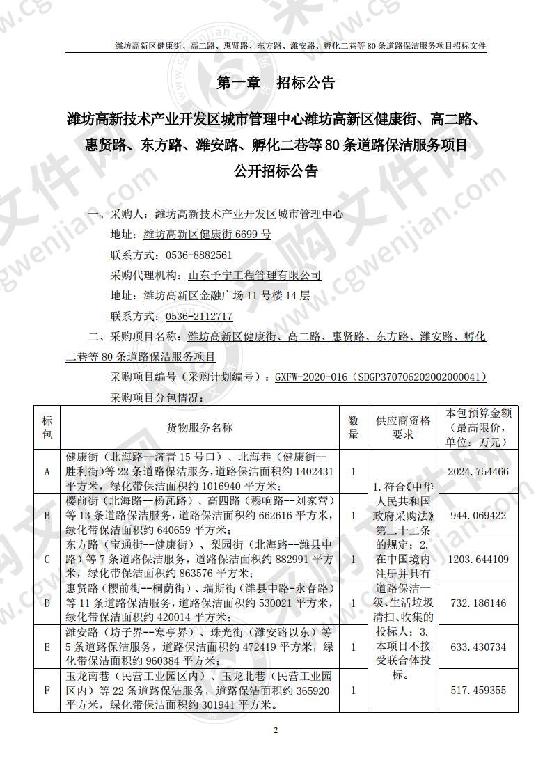 潍坊高新区健康街、高二路、惠贤路、东方路、潍安路、孵化二巷等80条道路保洁服务项目