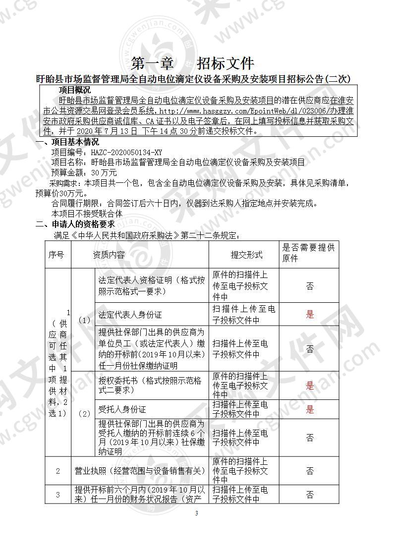 盱眙县市场监督管理局全自动电位滴定仪设备采购及安装项目