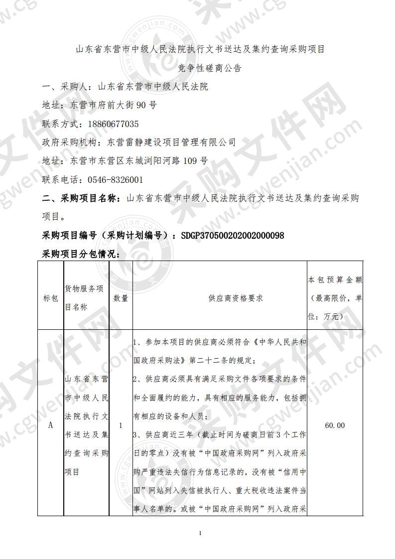 山东省东营市中级人民法院执行文书送达及集约查询采购项目