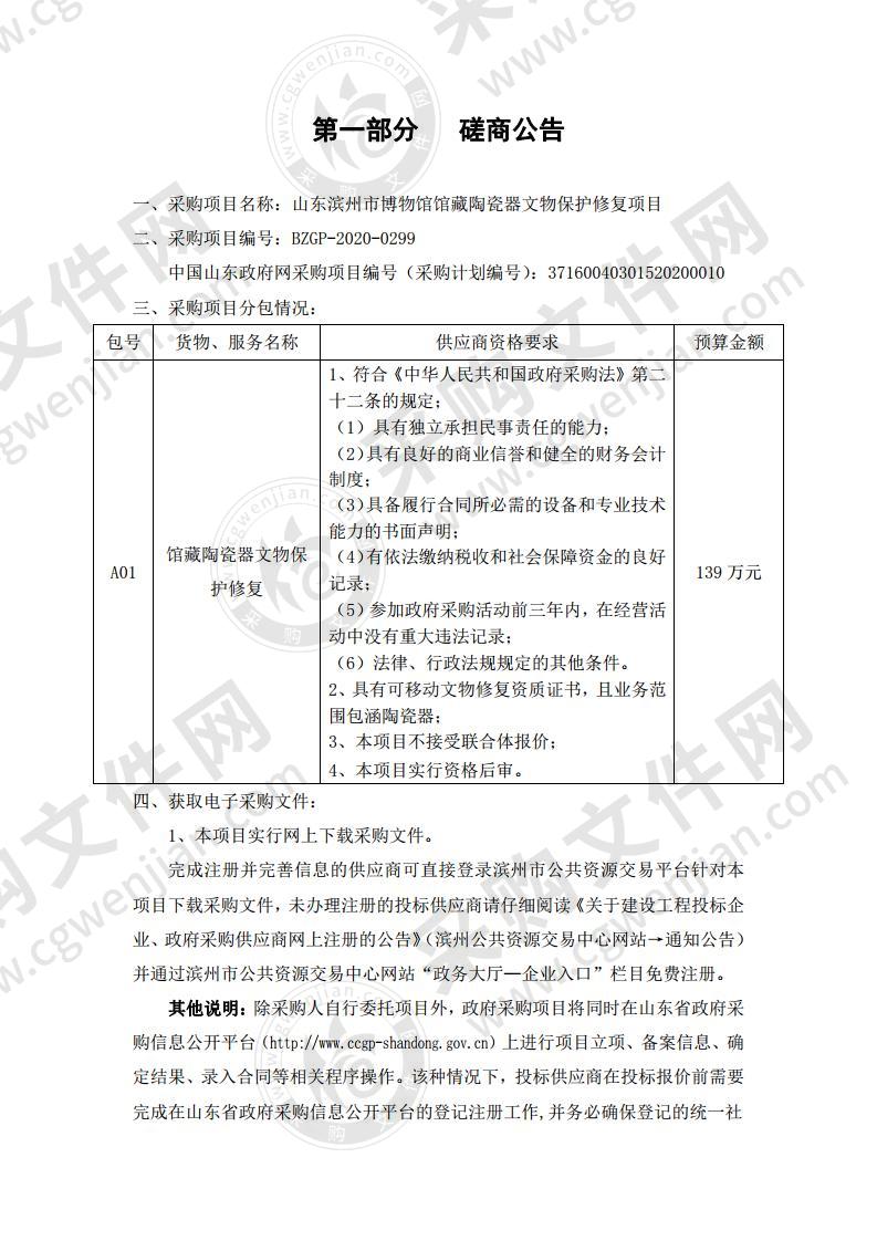 山东滨州市博物馆馆藏陶瓷器文物保护修复项目