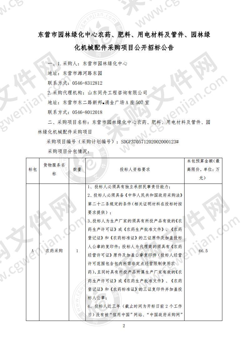 东营市园林绿化中心农药、肥料、用电材料及管件、园林绿化机械配件采购项目