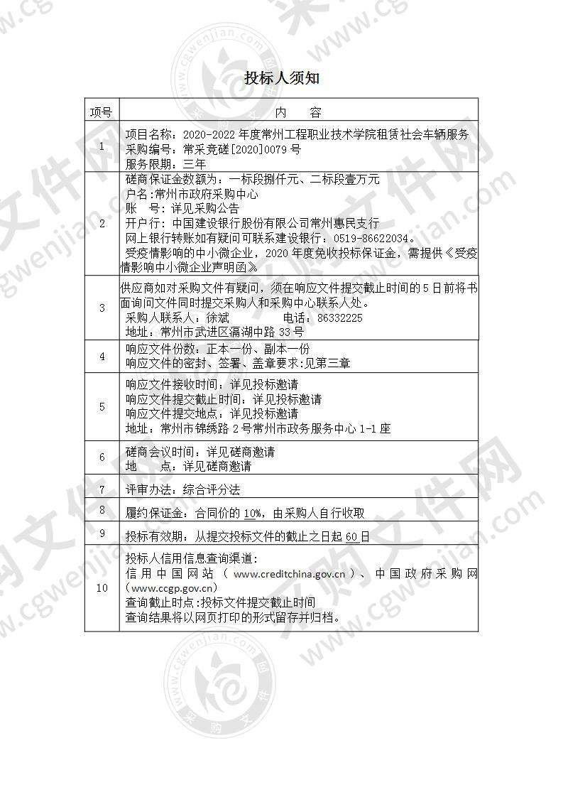 2020-2022 年度常州工程职业技术学院租赁社会车辆服务