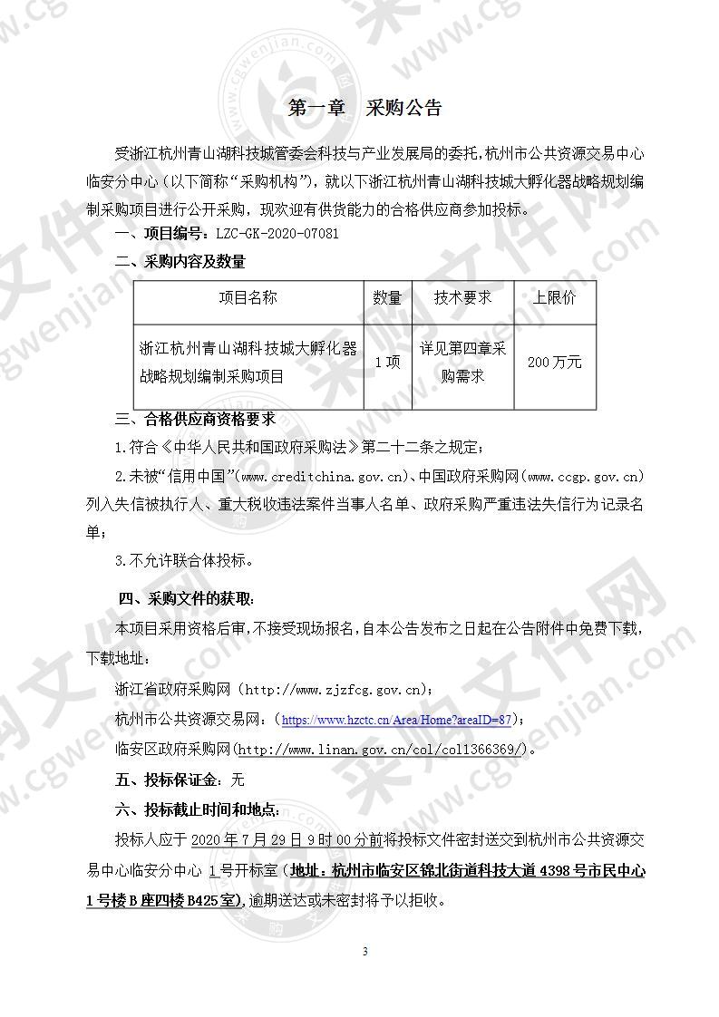 浙江杭州青山湖科技城大孵化器战略规划编制采购项目