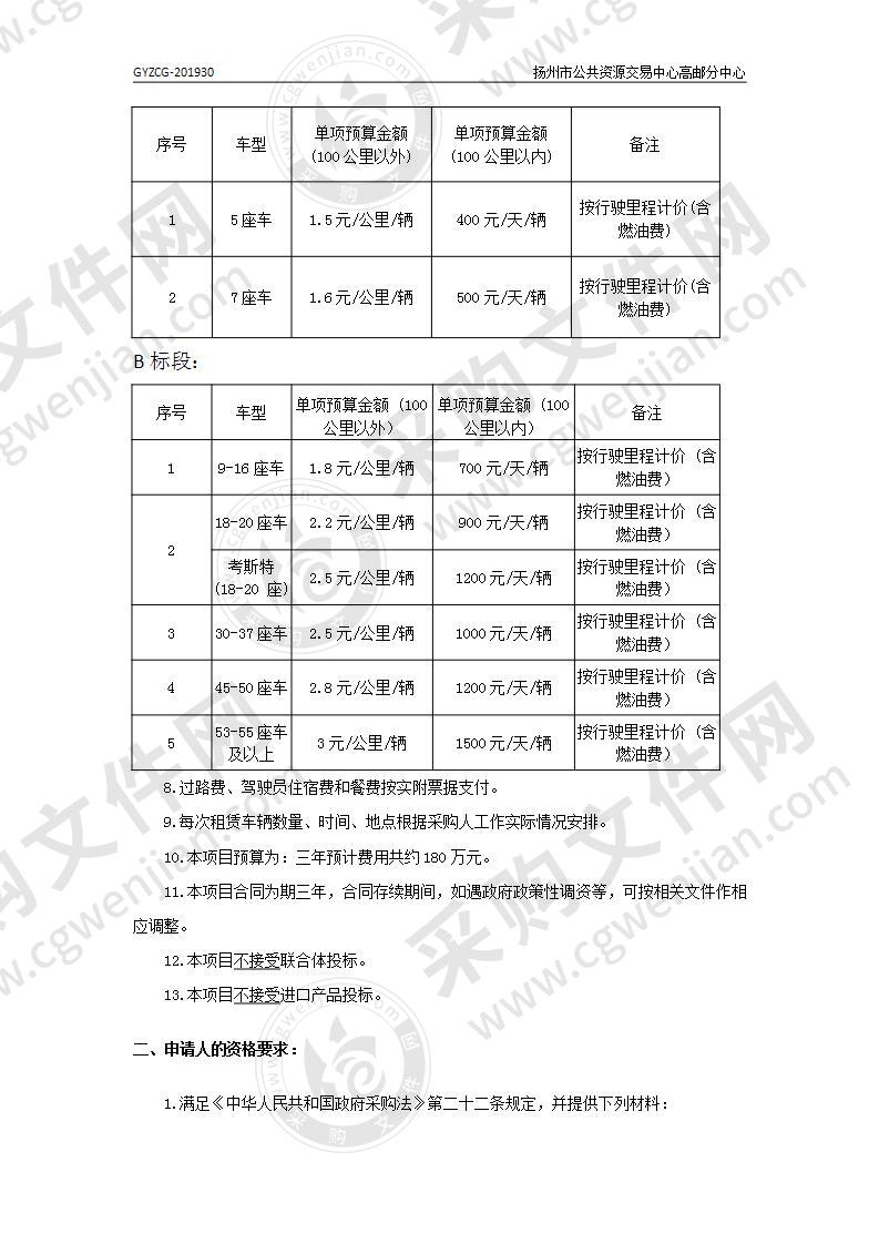 高邮市公务用车车辆租赁服务项目