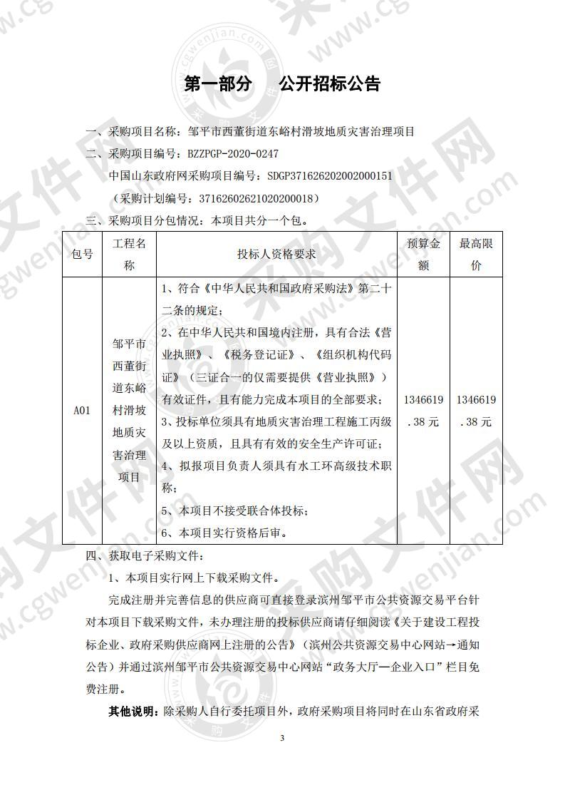 邹平市西董街道东峪村滑坡地质灾害治理项目