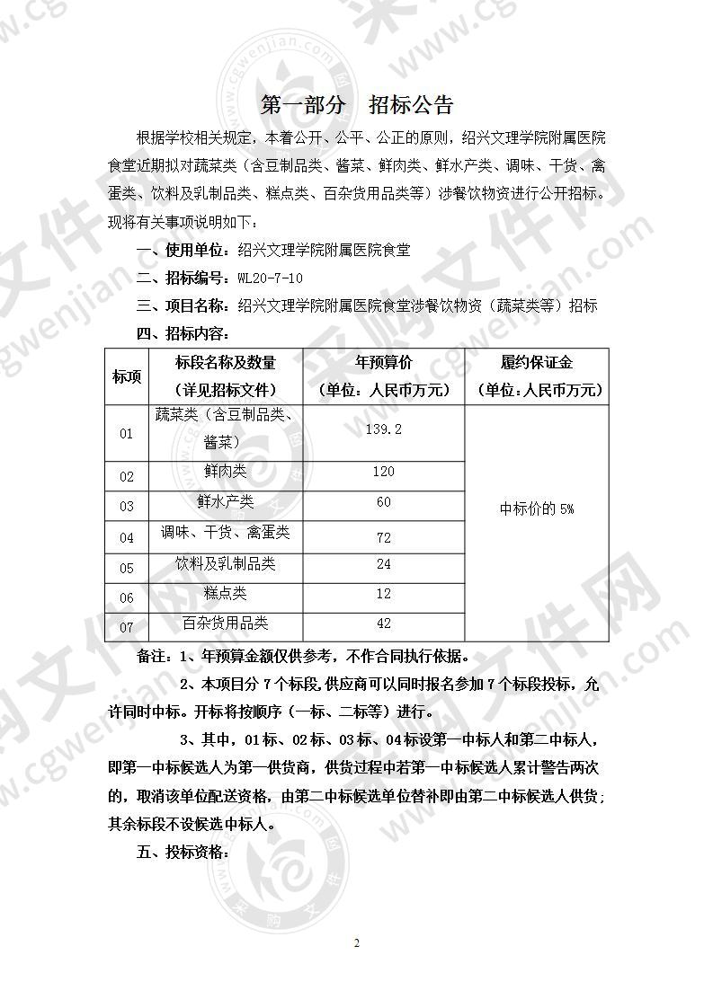 绍兴文理学院附属医院食堂涉餐饮物资（蔬菜类等）项目