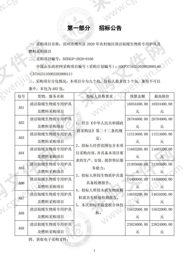 滨州市博兴县2020年农村地区清洁取暖生物质专用炉具及燃料采购项目A02包