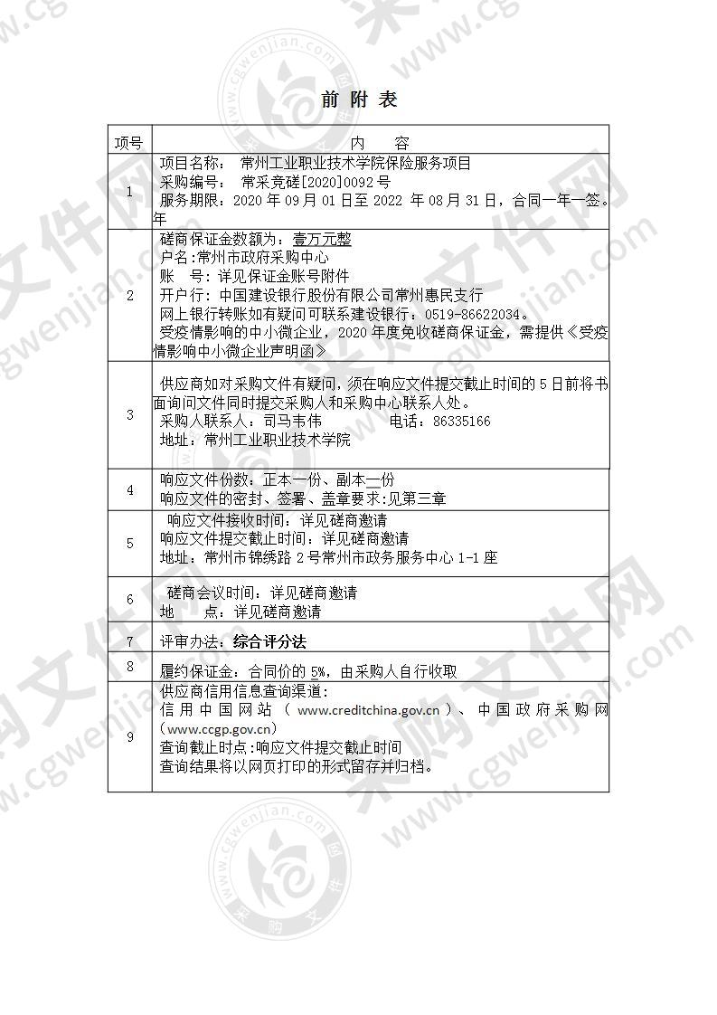 常州工业职业技术学院保险服务项目