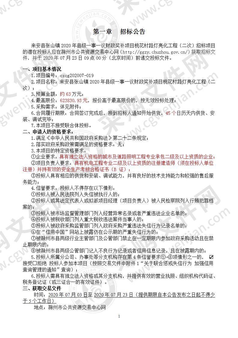 来安县张山镇2020年县级一事一议财政奖补项目桃花村路灯亮化工程