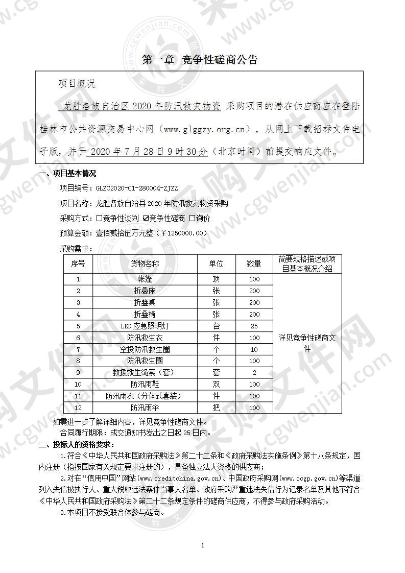 龙胜各族自治县2020年防汛救灾物资采购