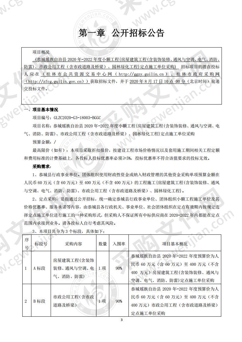 恭城瑶族自治县2020年-2022年度小额工程{房屋建筑工程(含装饰装修、通风与空调、电气、消防、防雷)、市政公用工程（含市政道路及桥梁）、园林绿化工程}定点施工单位采购