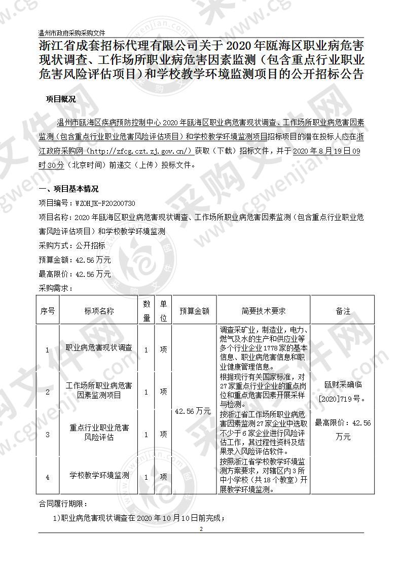 2020年瓯海区职业病危害现状调查、工作场所职业病危害因素监测（包含重点行业职业危害风险评估项目）和学校教学环境监测