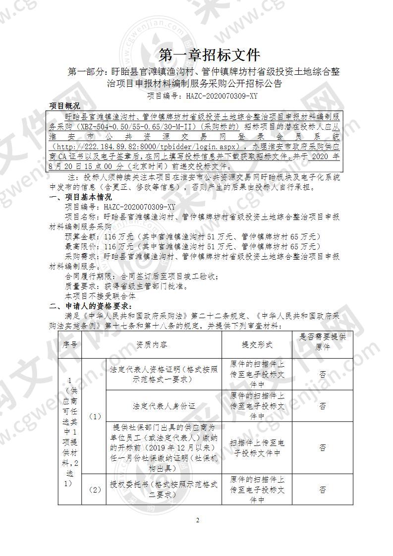 盱眙县官滩镇渔沟村、管仲镇牌坊村省级投资土地综合整治项目申报材料编制服务采购