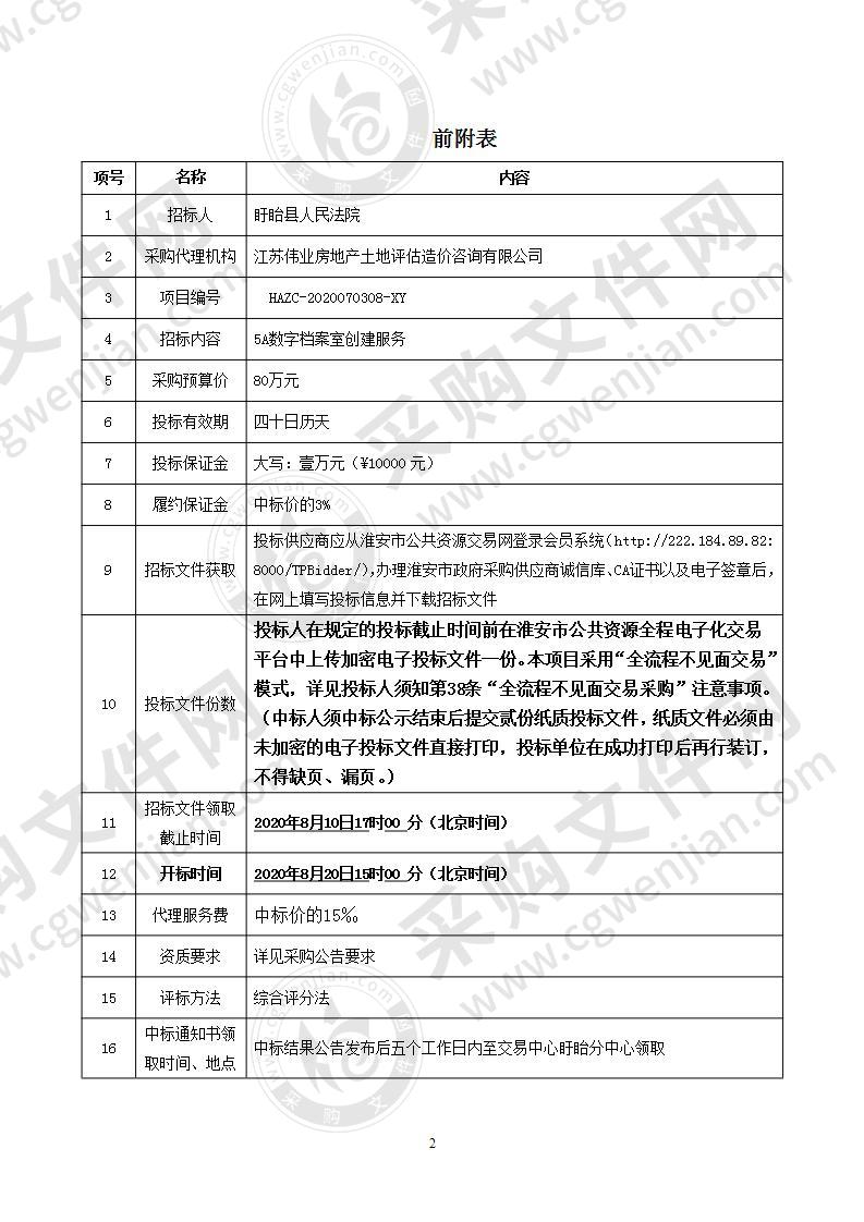 盱眙县人民法院5A数字档案室创建服务公开招标采购项目