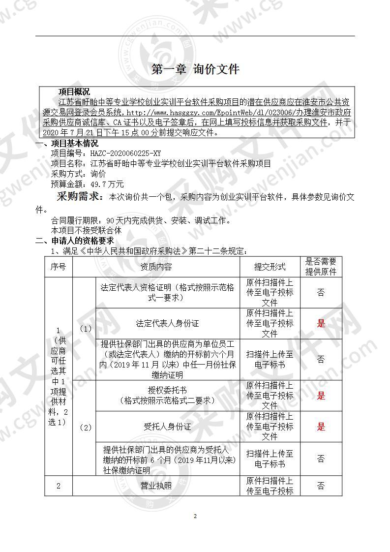 江苏省盱眙中等专业学校创业实训平台软件采购项目