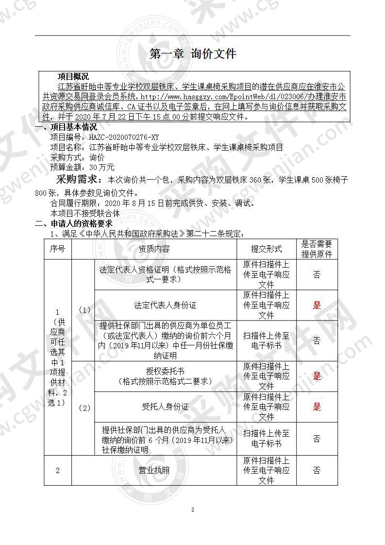 江苏省盱眙中等专业学校双层铁床、学生课桌椅询价采购项目