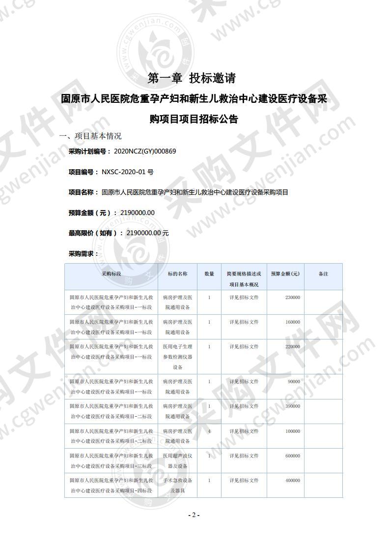 固原市人民医院危重孕产妇和新生儿救治中心建设医疗设备采购项目